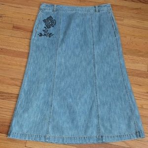 J. Crew denim midi with hip zip & black rose